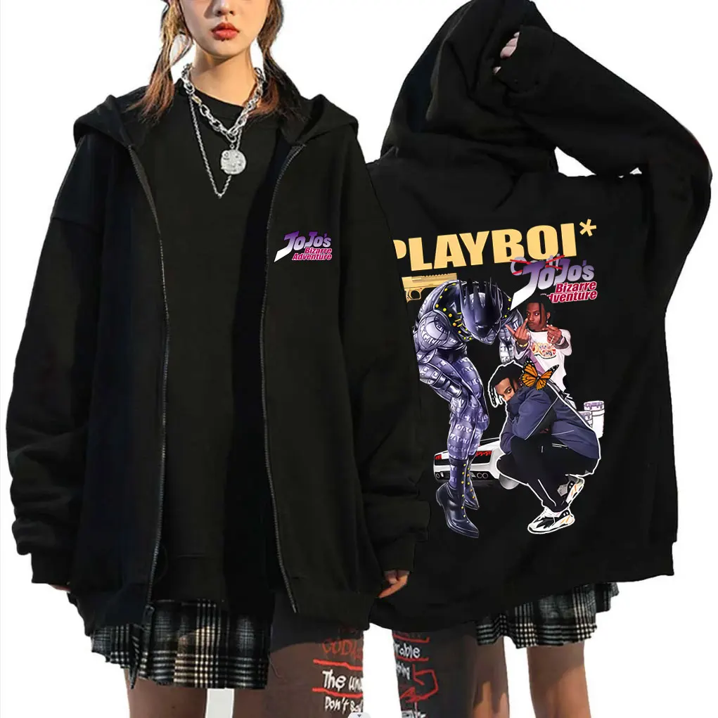 

Anime Jojo Bizarre Adventure Zipper Hoodie Playboi Carti Opium Merch Zip Up Jacket Men Women Manga Oversized Zip Up Sweatshirt