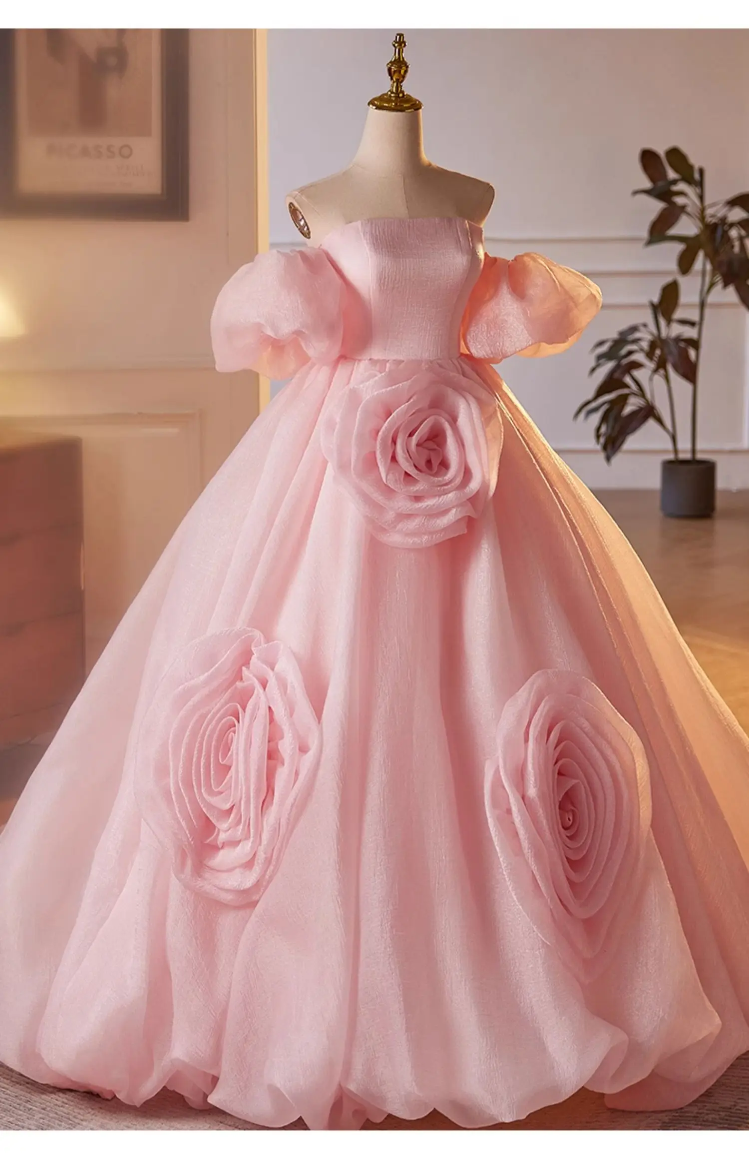 luxury pink bubble sleeve flower court ball gown pleated fairy medieval dress princess queen cosplay gown ball long dress