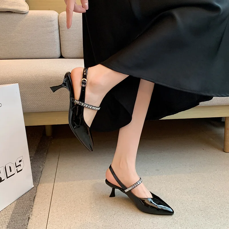 Nude-colored closed-toe mules with rhinestones, pointed-toe high heels for wide and wide-footed women, plus-size women's shoes view 4