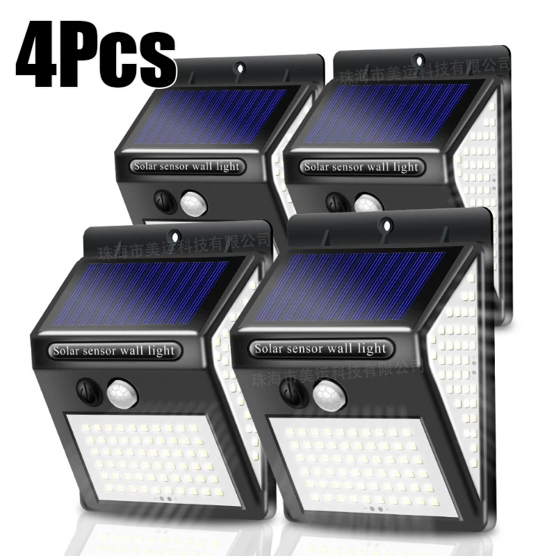 

4Pcs Solar Wall Lamp Outdoor 140LED Automatic Induction Super Bright Indoor Entrance Garage Household Three Sided Lighting Light