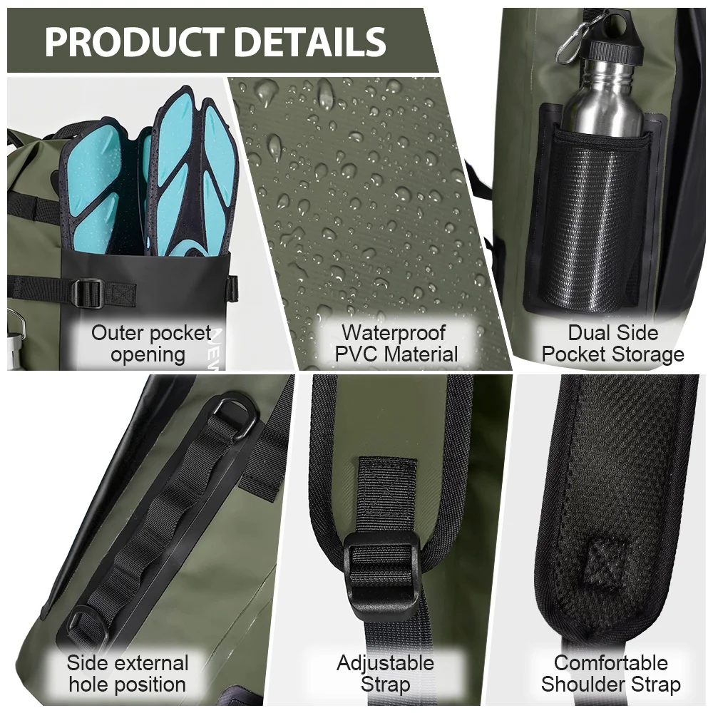 35L PVC Schwimm-Trockentasche Rucksack für Damen und Herren Wasserdichter Rucksack für Kajak Trekking Rafting Surfen Bootfahren – Detail 12