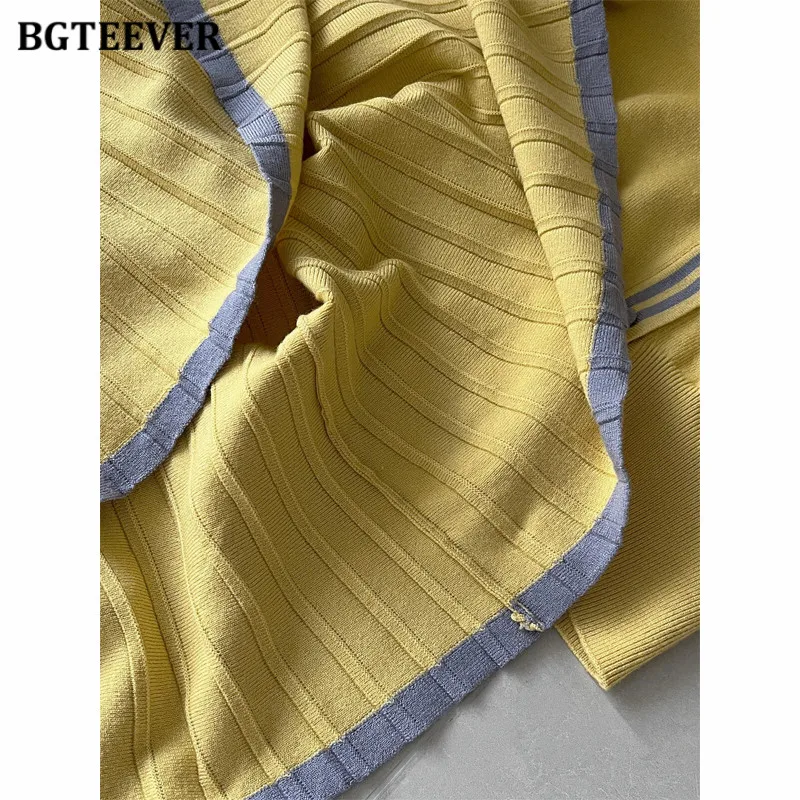 BGTEEVER Vintage Warm Loose Female Patchwork Knitted Skirt Suits V-neck Single-breasted Cardigans & Pleated A-line Skirts