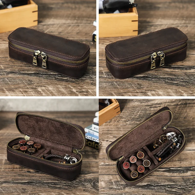 Genuine Leather Cowhide Small Zipper Case Durable Multi-purpose Organizer Daily Use Travel Bag for Jewelry Stamps Accessories