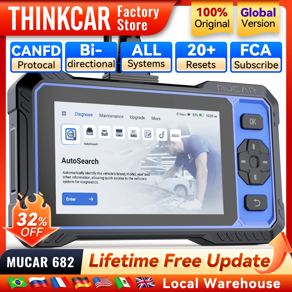 

MUCAR 682 Professional Car Diagnostic Tool CANFD Bidirectional ECU Coding 20 Resets Full System Lifetime Free Obd2 Scanner