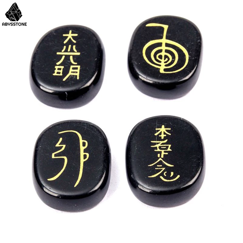 Natural Stone Japanese Carving Reiki Religious Rune Symbol Room Decor Obsidian Rose Quartz Tiger Eye Lapis Lazuli Wicca Chakra