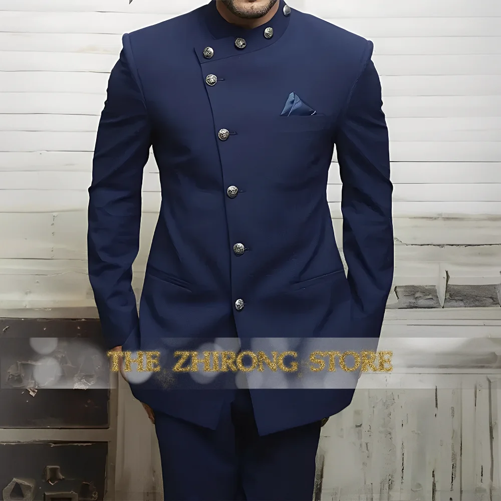 

Classic Navy Blue Men's Suit 2 pcs Jacket Pants Set Maharaja Style Jodhpuri Attire for Tranditional events Wedding Prom Party