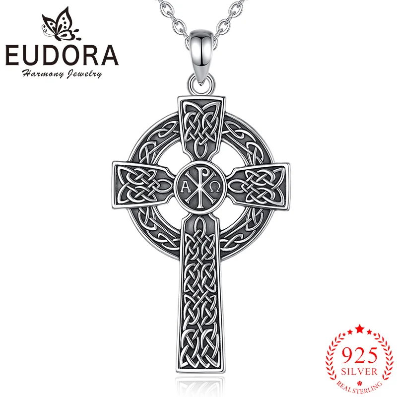 

Eudora 925 Sterling Silver Chi-Rho Celtic Cross Necklace Christian Amulet Pendant Religion Jewelry Vintage Gift for Men Woman