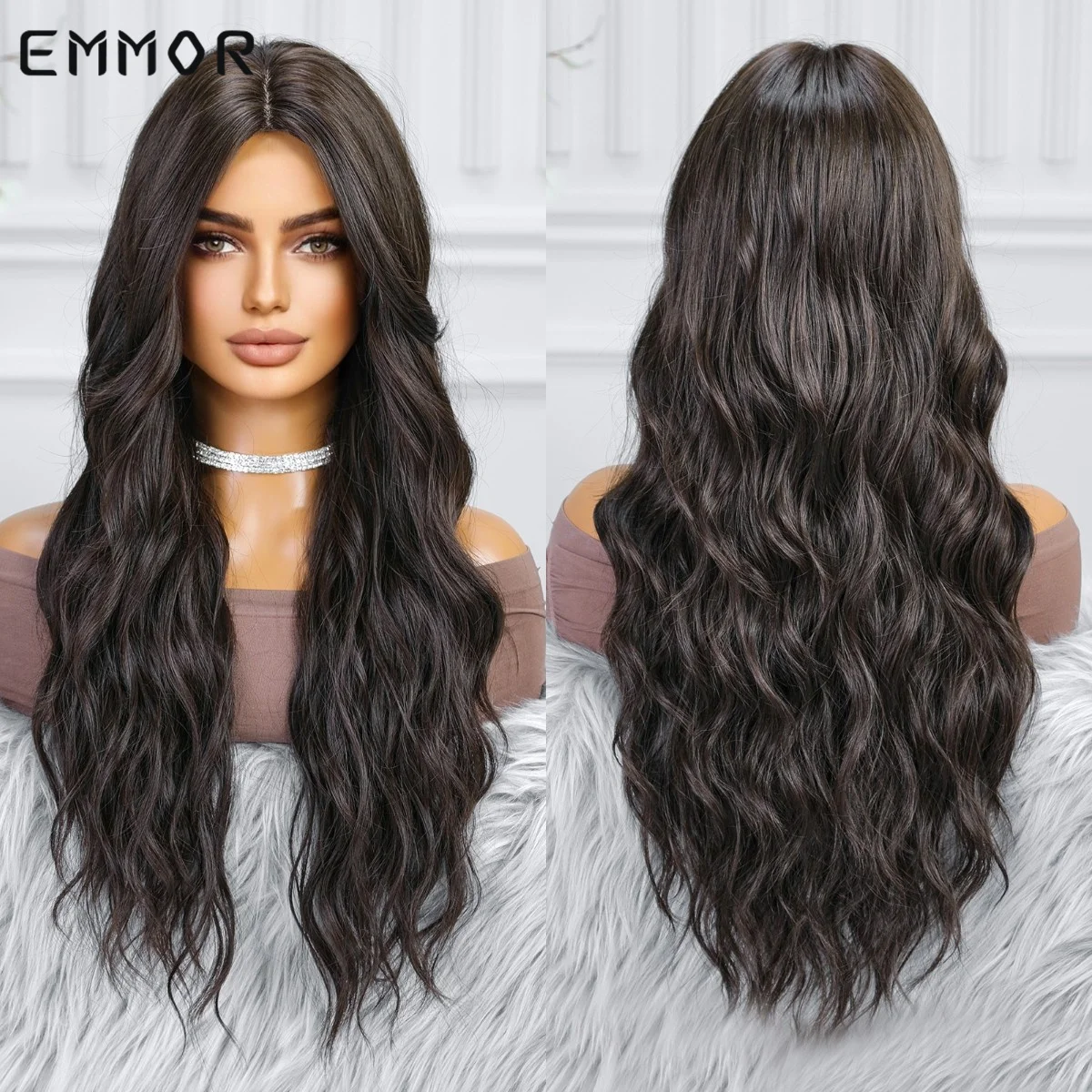 

Emmor Long Black Synthetic Wigs for Women Cosplay Natural Highlight Wavy Hair Wig High Temperature Fiber Hair