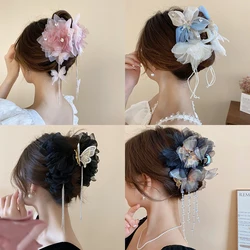 Acrylic Gauze Flowers Rhinestones Butterfly Long Fringe Shark Hair Claws for Women Sweet Fashion Fairycore Gentle Accessories