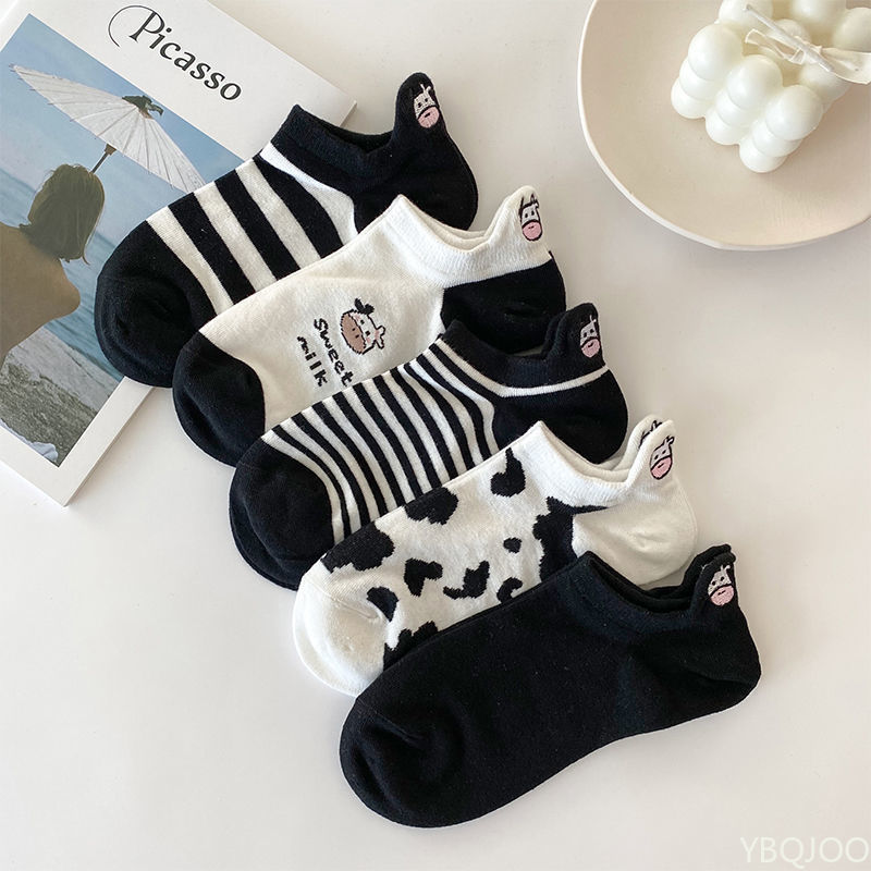  5 pairs of sweet cute short socks with embroidered black white cow cartoon on the heel simple comfortable boat socks 