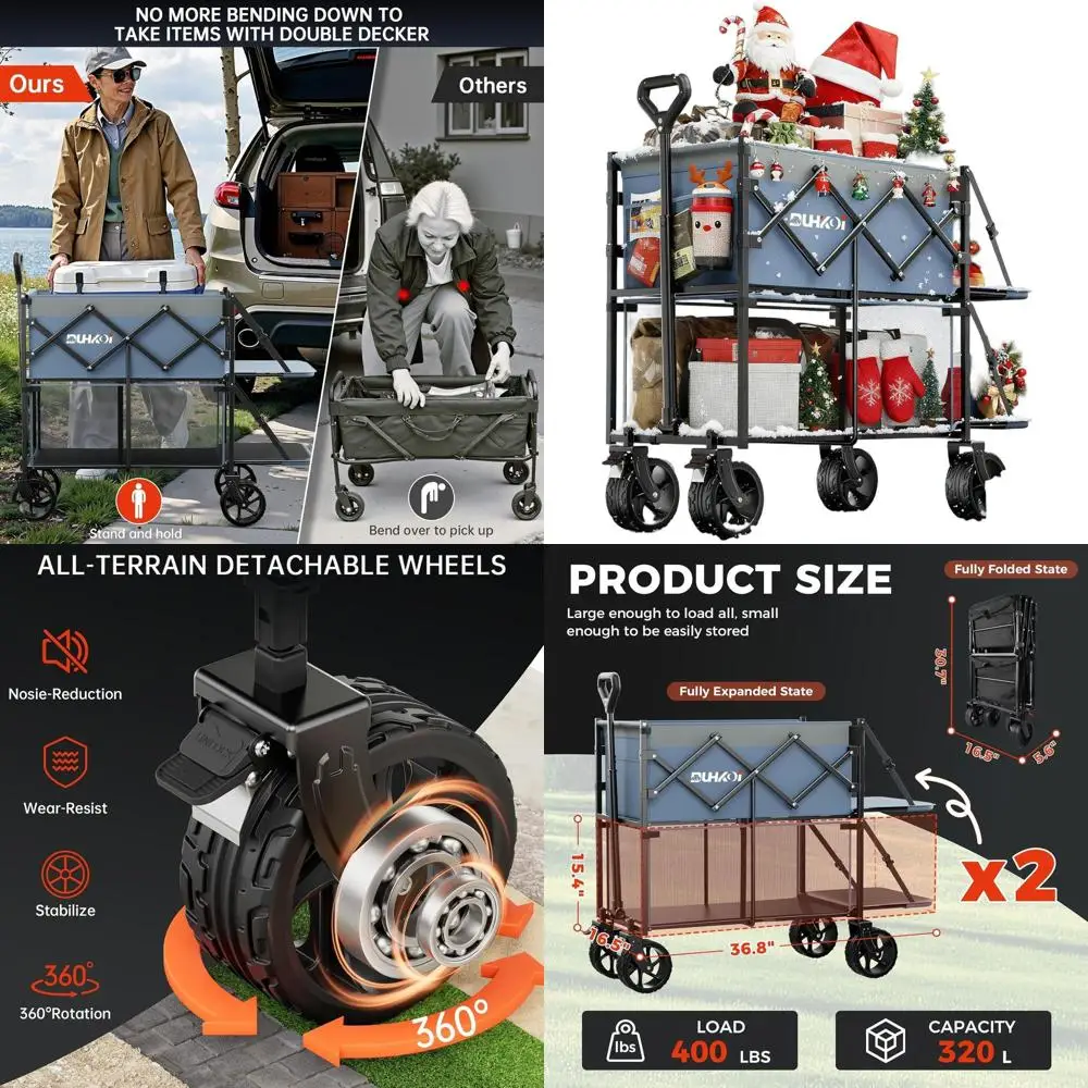 

Складная универсальная тележка большой емкости 320 л с большими колесами, грузоподъемность 400 фунтов, идеально подходит для активного отдыха и продуктов (