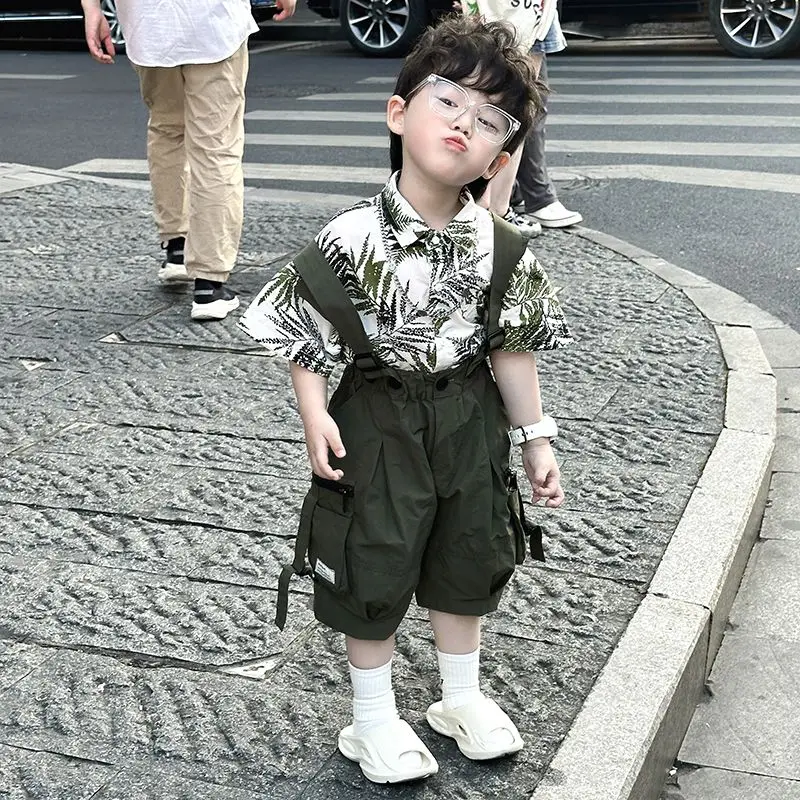 Children's Blossom Button Shirt Strap Pants 2024 Summer Korean Edition Boys' Fashion Versatile Shirt Contrasting Colors Suits