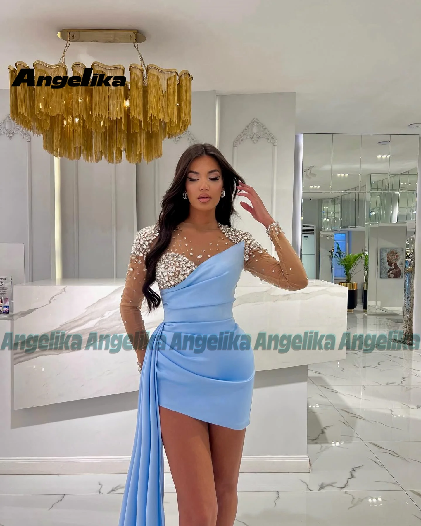 Angelika Modern Mini Homecoming Dress for Teens Pleat O-neckline Long Sleeves Rhinestones Lacing Up Vestido De Fiesta Customised