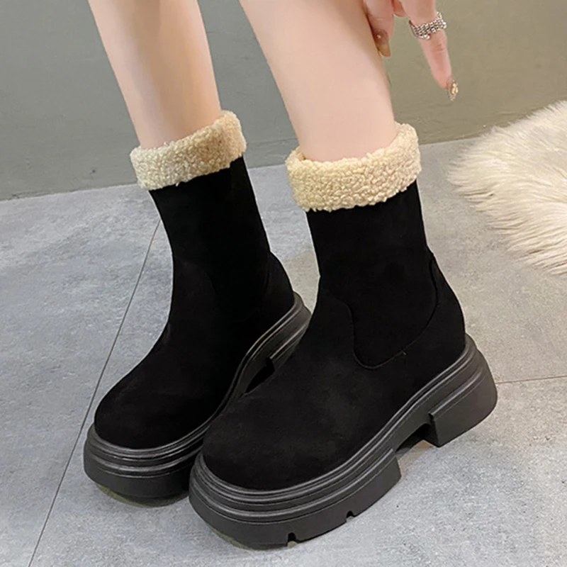 Winter Boots for Women New Thick Soled Women's Ankle Boots Retro Warm Lamb Wool Cotton Shoes Casual Chunky Middle Heels Botines