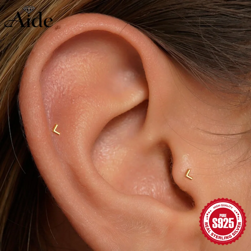 AIDE 925 Sterling Silver Glossy V-shape Mini Classic Earrings for Women Flat Back Internal Thread Piercing 16G Post Fine Jewelry