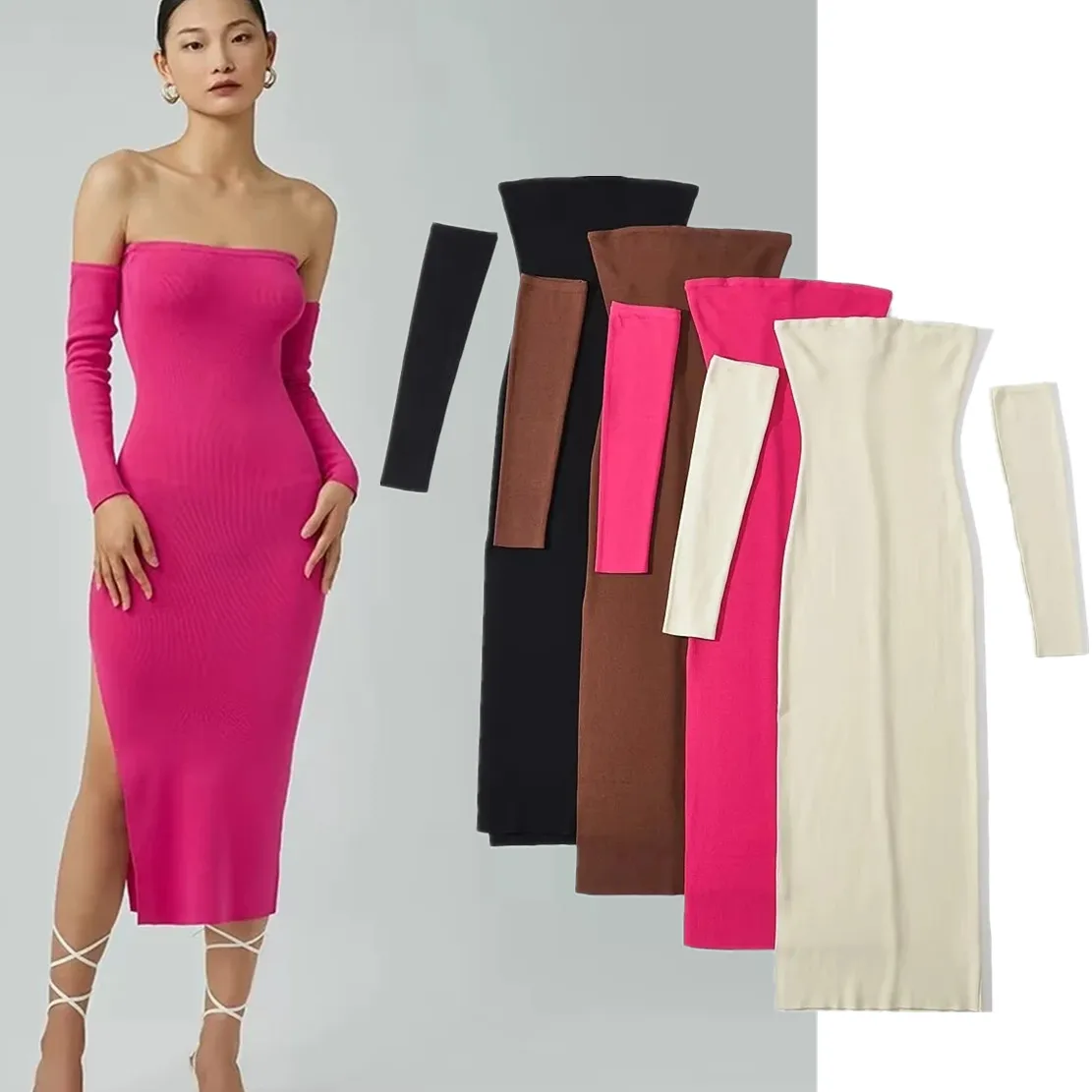 

Maxdutti Candy Color Sheath Party Forking Dress Ins Fashion Blogger Sexy Seperate Sleeve Knitted Dress Women