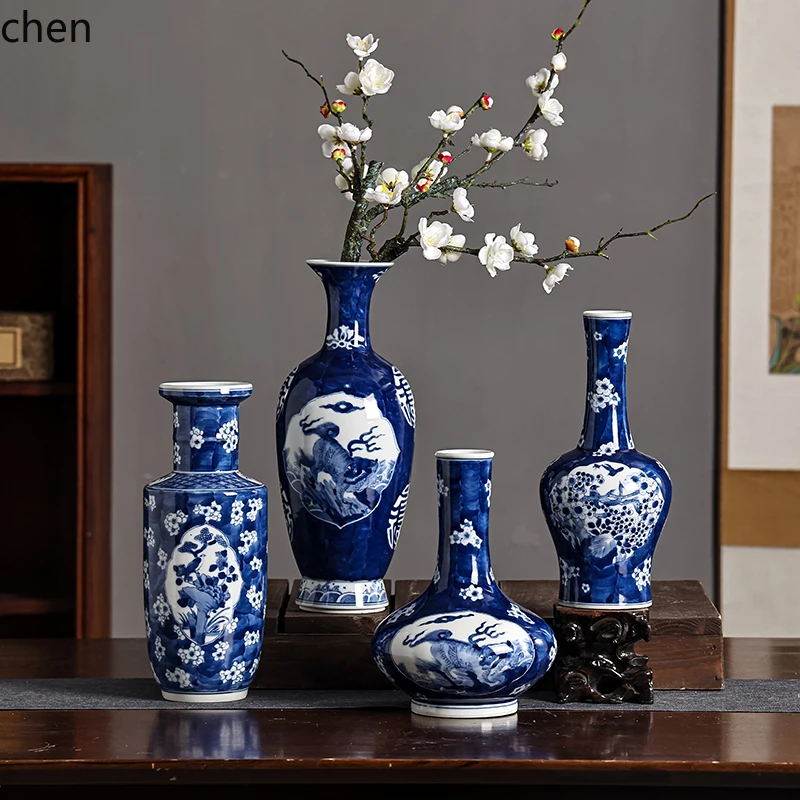 

HXL antique pure hand-painted blue and white porcelain flower and bird ceramic vase living room tea room ornament