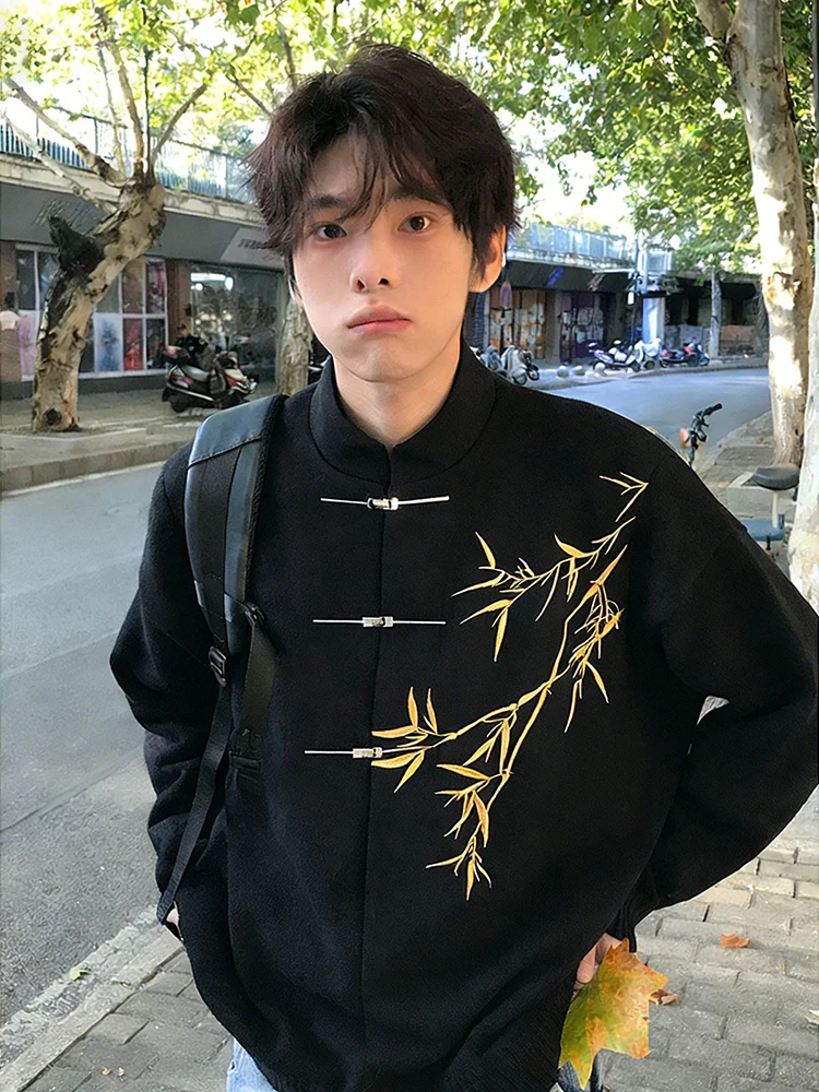 

Новый китайский костюм с вышивкой из бамбука для мужчин: элитный свадебный наряд с воротником-стойкой, костюм Чжунган, официальная одежда