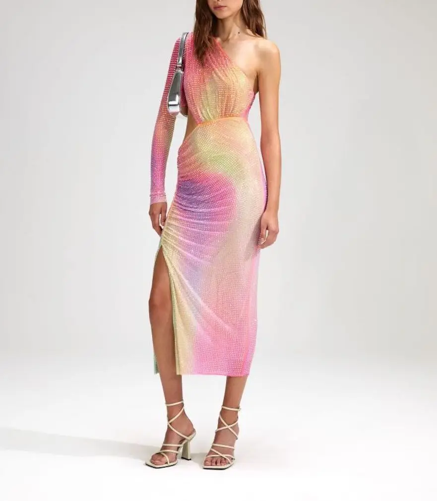 Diamond One Shoulder Rainbow Side Slit Midi Bodycon Dresses, Sexy Hollow Out, Celebrity Evening Runway, Night Party, Luxury