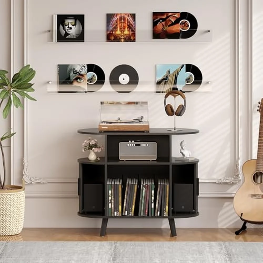35'' Fluted Mid Century Modern Turntable Cabinet Large Round Record Player Stand with Charging Station and Display