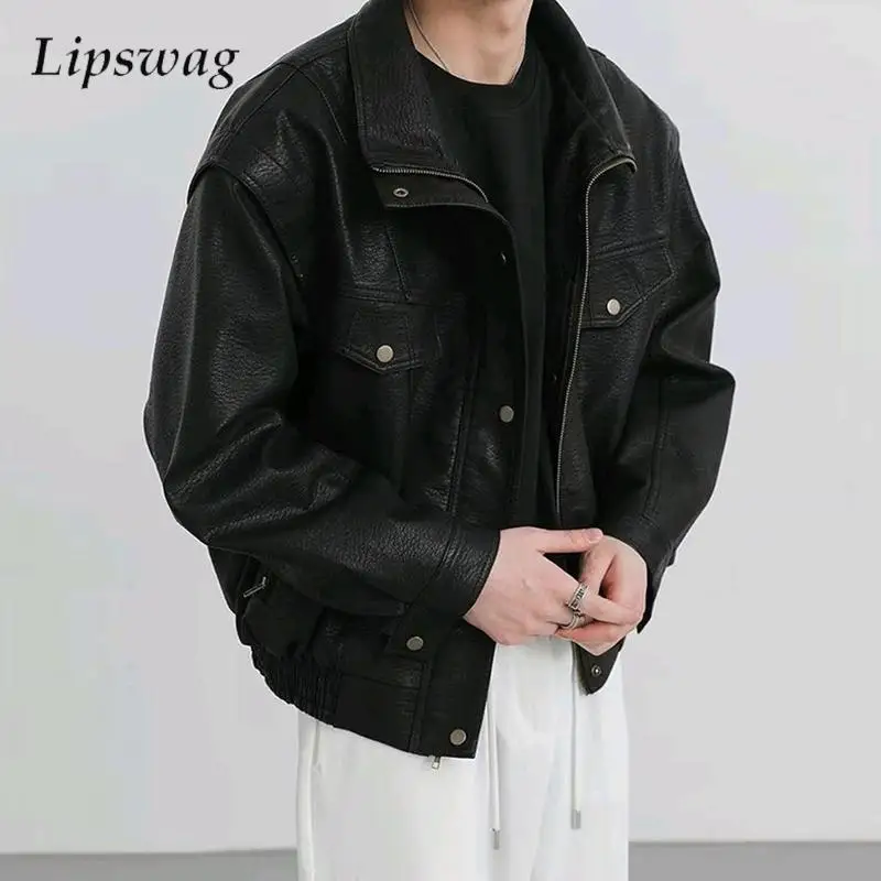 

Fashion Patchwork Pockets Leather Jacket Mens Streetwear Vintage Zip-up Turn-down Collar PU Leather Coat For Men Y2K Style Coats