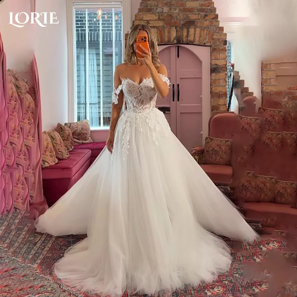 

LORIE Lace Boho Wedding Dress Lace Appliques Tulle Backless Beach Wedding Gown Off Shoulder 3D Flowers Princess Bridal Dress