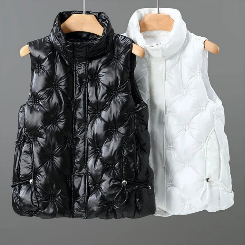 2024 Autumn Winter Women Short Vest Female Embroidery Sleeveless Jacket Coat Stand Collar Korean Coat