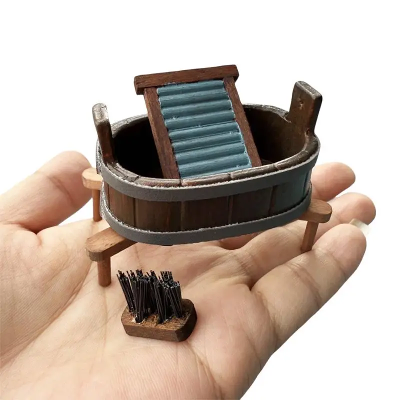 Dollhouse Miniature Wooden Barrel Washboard Brush Three-Piece Set Laundry Scene Micro Landscape Ornaments Pretend Play Toys