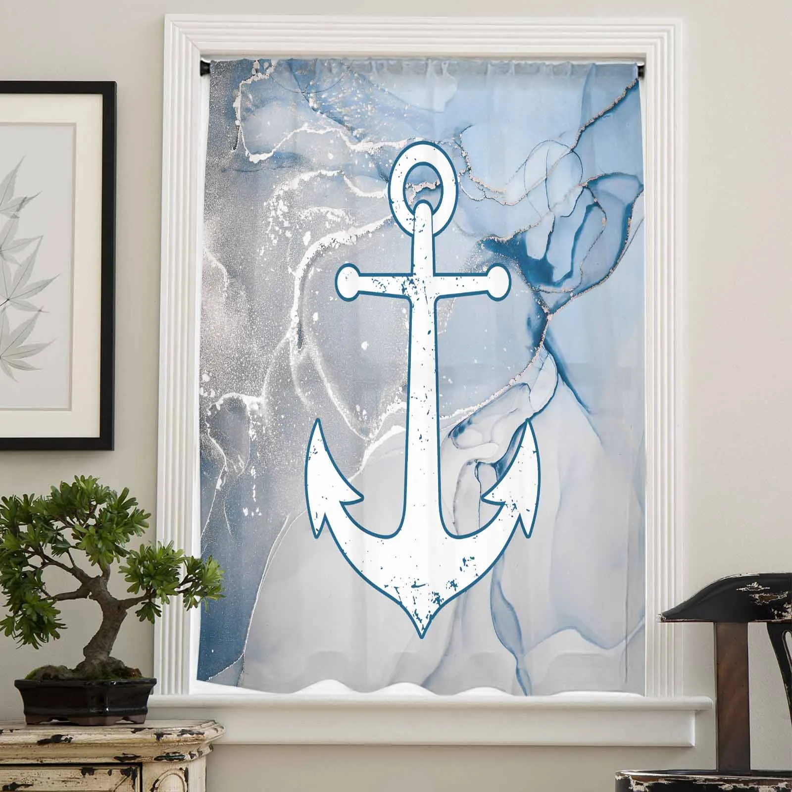 Retro Abstract Paint Boat Anchor Pink Blue Fluid Art Sheer Curtain Living Room Drapes Home Voile Curtain Tulle Window Curtain