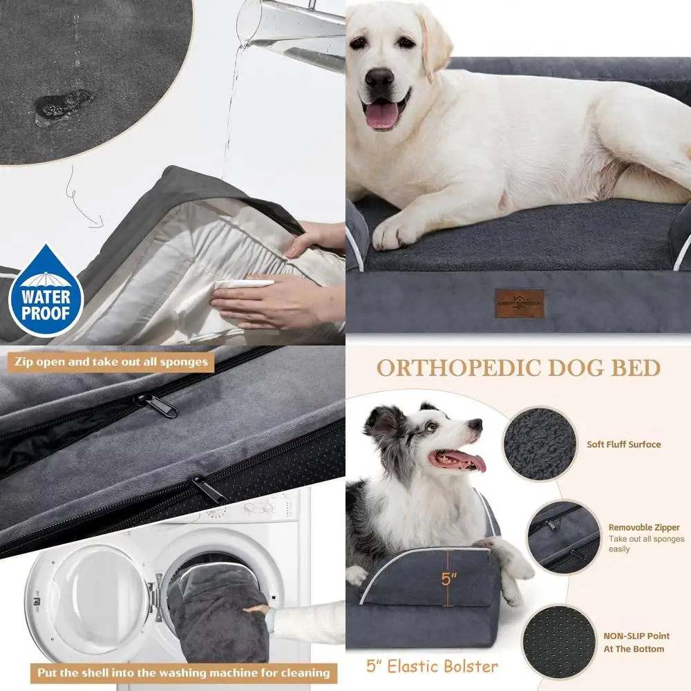 Extra Large Waterproof XL Dog Bed, 45x35 Inches, Removable Bolster, Washable Cover, Non-Slip Base, Dark Grey