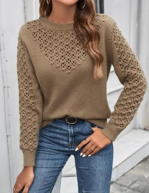 

2025 Fashion Round Neck Hollowed Out Slim Fit Long Sleeved Knitted Sweater for Autumn and Winter Women's Hollowed Out Sweater