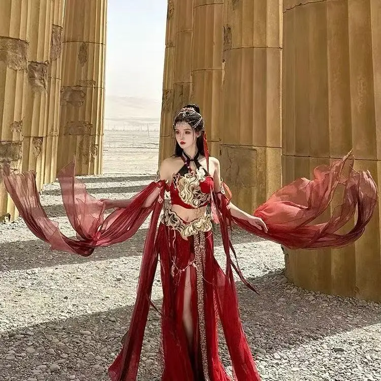 

Exotic Goddess Dunhuang Red Fire Festival Arabian Princess Costumes for Cosplay Party Halloween Indian Belly Dance Dress Hanfu