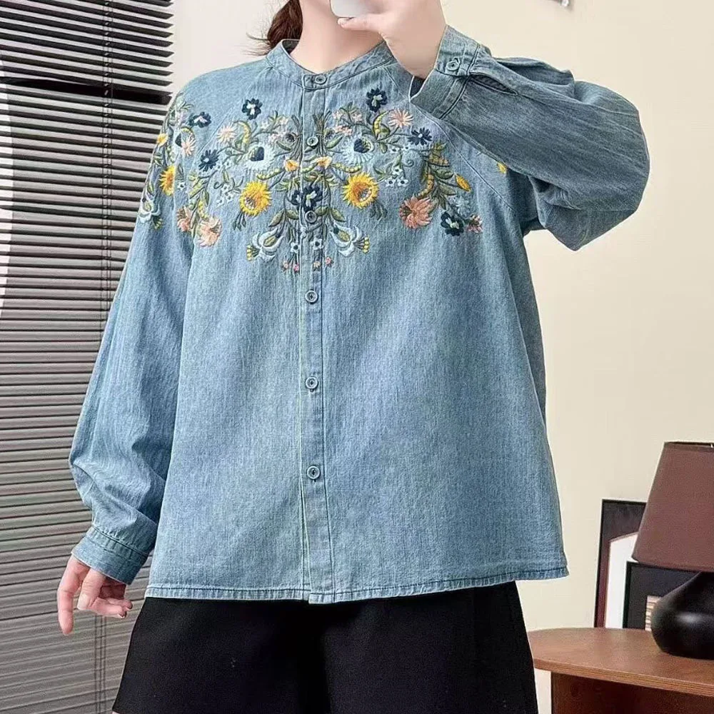 

Women Mexican Style Ethnic Flower Embroider Denim Shirts Long Sleeve Denim Blouses Autumn Vintage Women's Denim Shirt