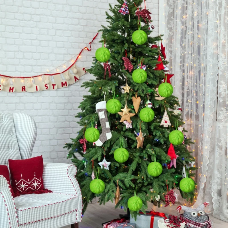

12/16Pcs Lime Green Christmas Tree Hanging Furry Faux Ornaments For Xmas Indoor Wreath Fireplace Home Interior School Decoration