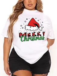 Artı Boyutu kadın T-shirt Yaz Rahat Kısa Kollu Yuvarlak Boyun Baskılı Grafik Noel Şapka Mektup MERRY Artı Boyutu T-shirt