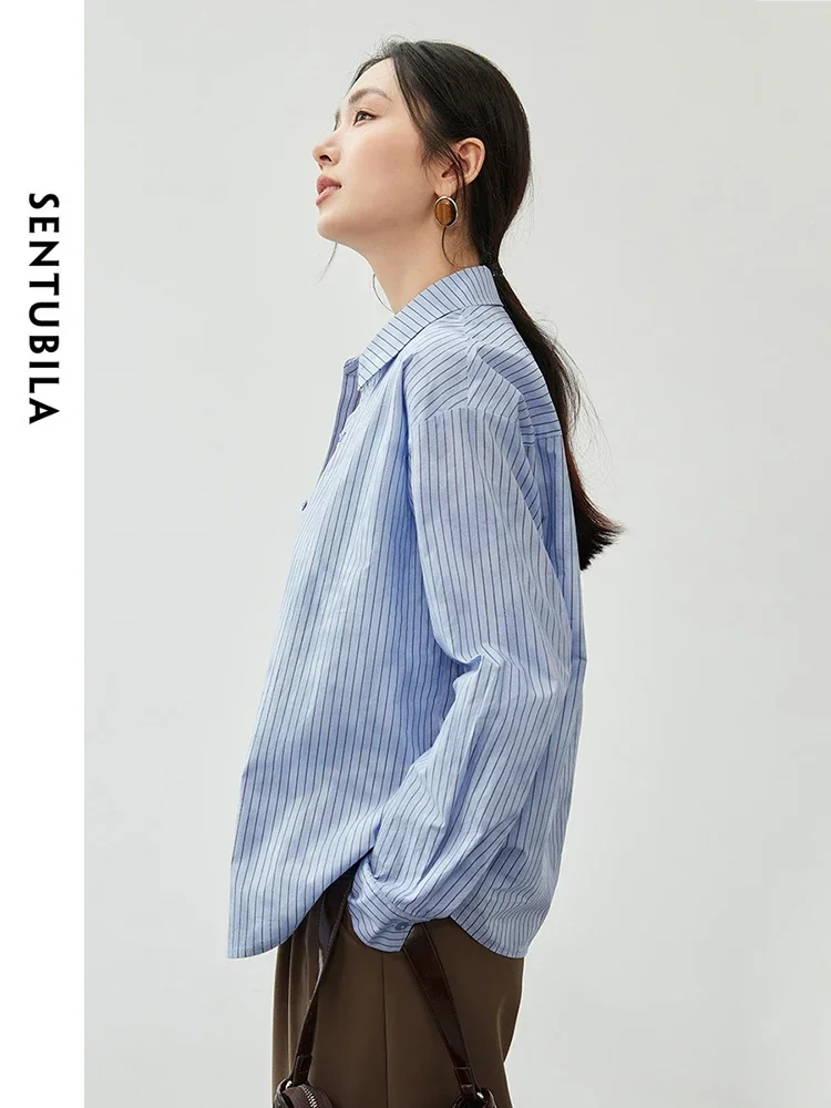 SENTUBILA Striped 100% Cotton Shirt for Women 2024 Autumn Fashion Casual Loose Turn Down Collar  Single-breasted Top 143C56763