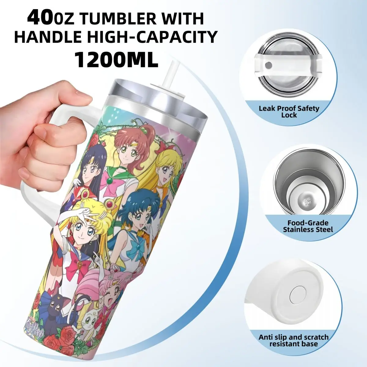 S-Sailor Moons United Friends Stainless Driving Car Mugs Large Thermal Cups Heat Preservation Hot Drinks Milk Tea Water Bottle