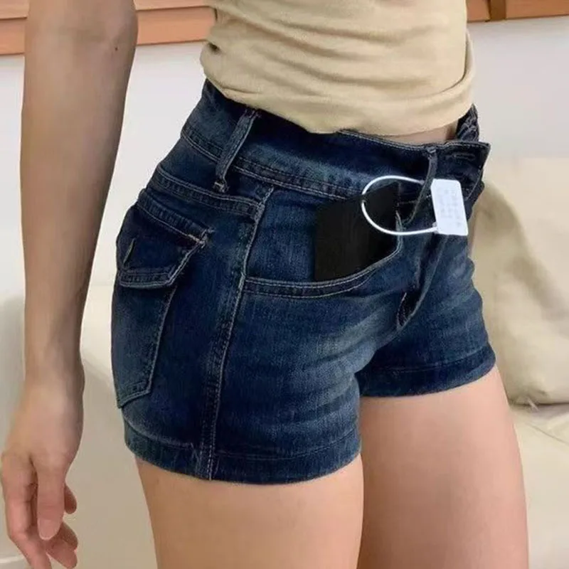 Women Deep Blue Retro Y2K Jean Shorts Sexy Low Waist Elastic Wrapped Hip Denim Shorts High Street Back Pocket Slim Short Jeans view 4