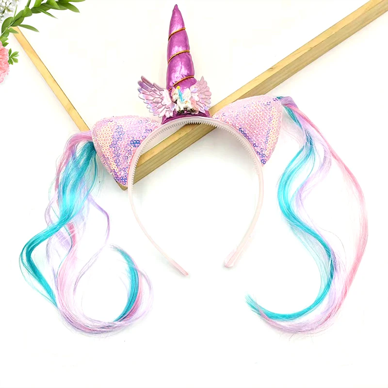 1Pcs Fashion Wig Ribbon Cartoon Cute Unicorn Hairbands Hair Hoop For Women Girls  Hair Accessories Headwear