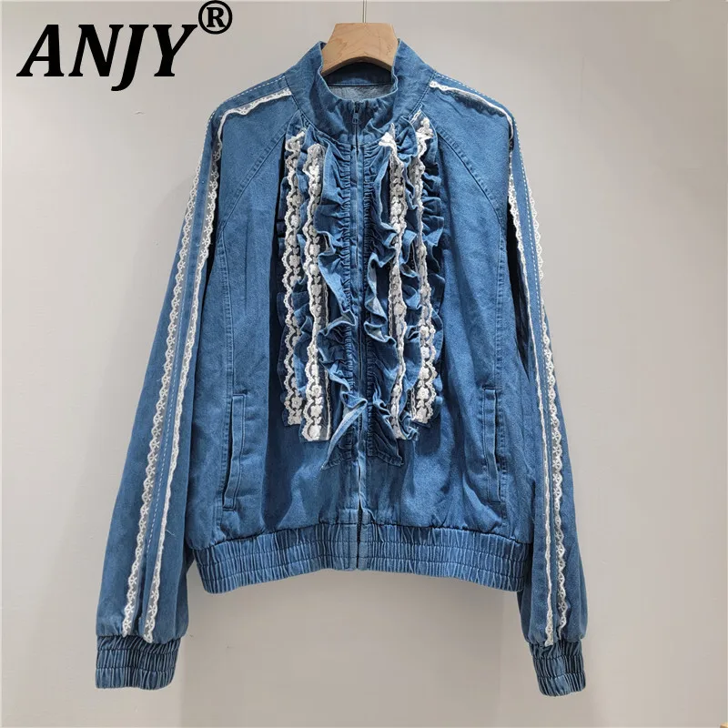 

ANJY Autumn New Women Stand Collar Color Block Trend Multi-layer Ruffle Zipper Denim Jacket Versatile Streetwear Ins Coat A11106