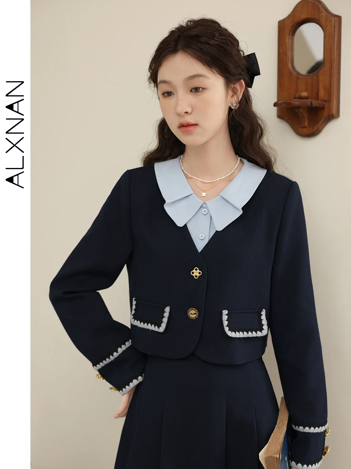 

ALXNAN Elegant Cropped Fake 2 Piece Tweed Jacket 2024 Autumn Winter Peter Pan Collar Long Sleeve Woman Coat Tops LXN31509SY