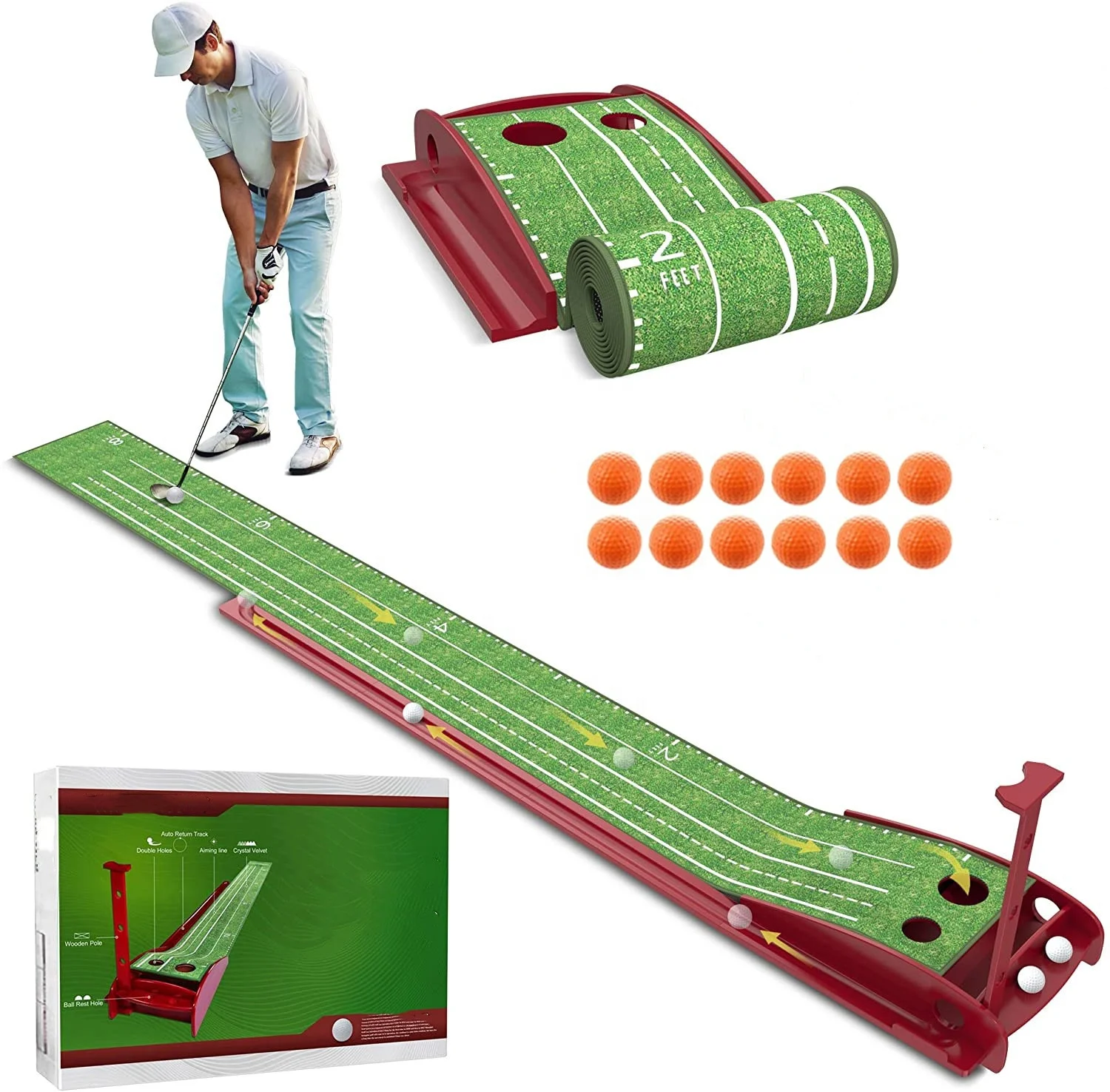 

Hot Sales Practice Portable Indoor Outdoor Mini Wooden Practice Golf Putting Green with Ball Auto Return Putting Mat