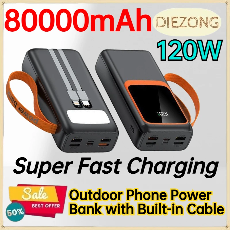 80000mAh 120W Super Fast Charging Power Bank for Mobile Phones & Tablets Outdoor Phone Power Bank with Built‑in Cable