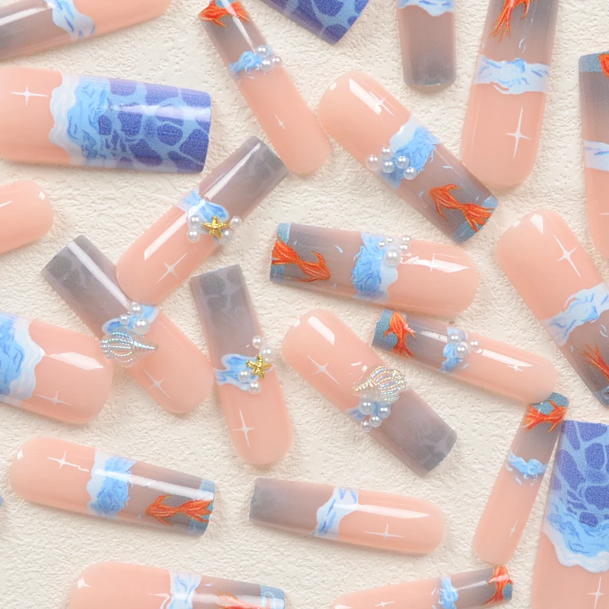 Autocollants pour Ongles Rectangulaires Super Longs, Motif Bleu Océan Petit Poisson Vague, Étoile de Mer 3D, Conque Perle Diamant, Ensemble Acrylique, 24 Pièces