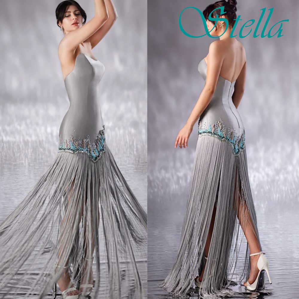 فستان سهرة رائع بدون حمالات بدون أكمام مخصص، فساتين حفلات بشرابة من الساتان، فساتين مناسبة خاصة بمزاجية