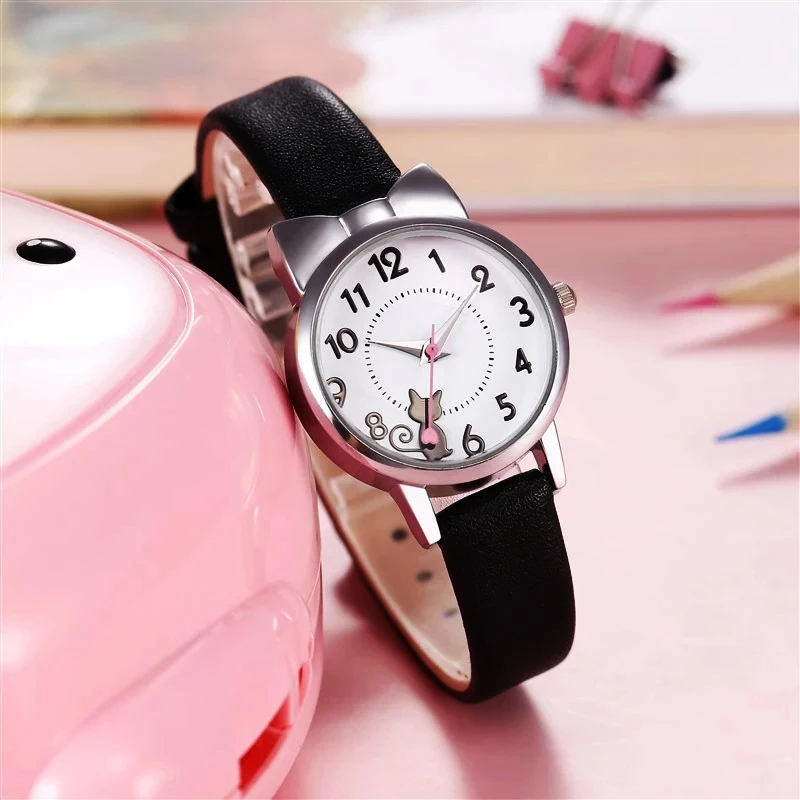 Montre-bracelet en cuir pour enfants, nouveau style, décontracté, mignon, chat, pour filles