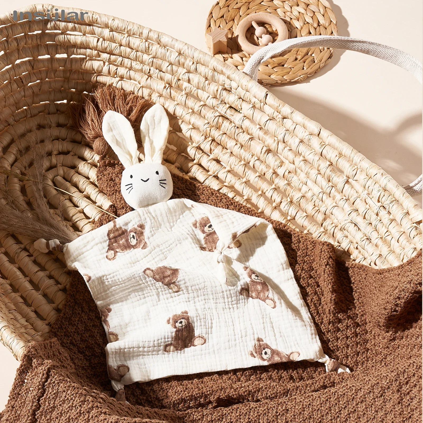 Baby Soothing Towel with Soft Rabbit Doll & Cotton Teether, Infant Comfort Sleeping Nursing Cuddling Blanket Toys for Babies