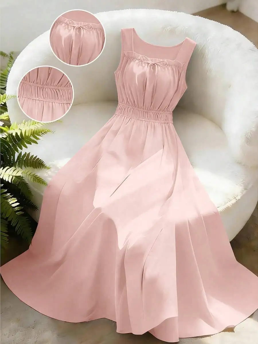 

Pink Square Neck Sleeveless A-Line Flowing Dress For Women Summer Vacation