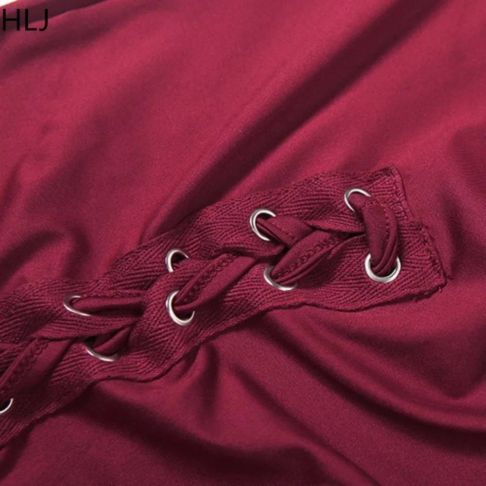 HLJ Y2k Fashion Bandage Patchwork Two Piece Outfits Woman Solid Color Long Sleeve Crop Top and Pants Matching Female Streetwear