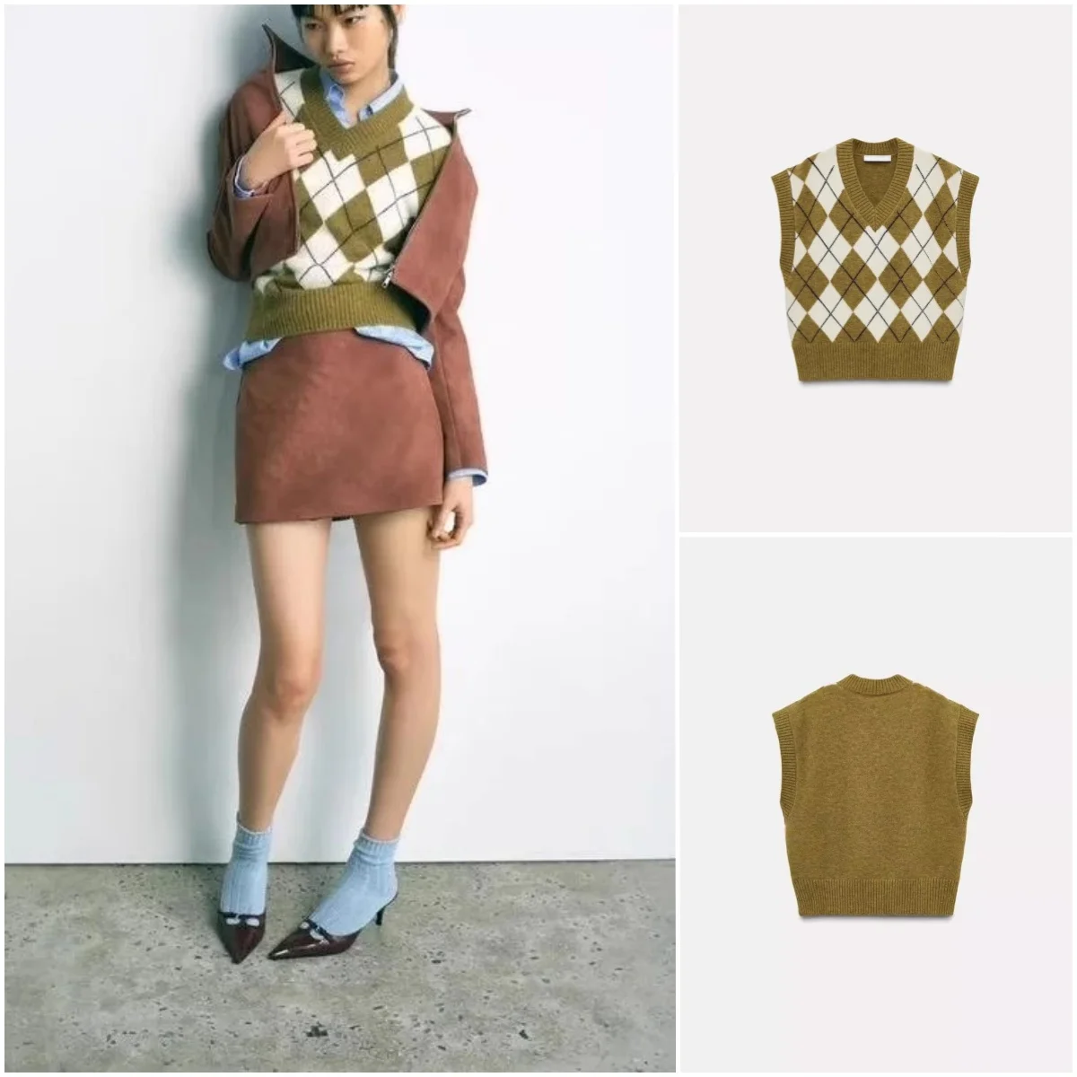 

Spring New Women's Knitted Vest Sle Sweater V-Ne Svel Diamond Pattern Embroidery Flat Caplets Polyester Fiber 00%